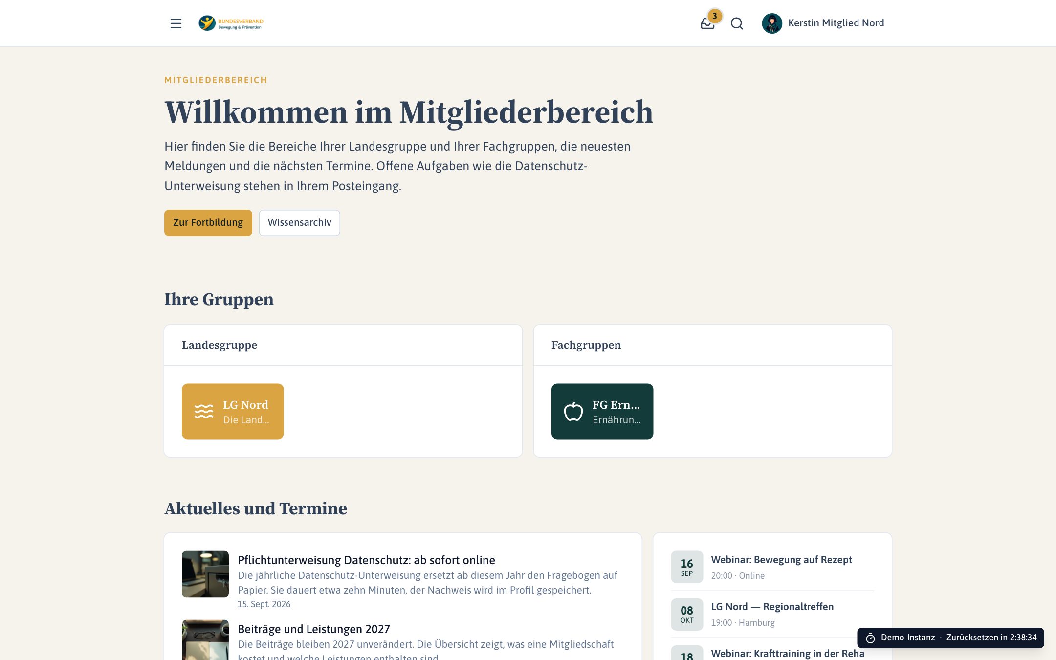 Startseite der Demo BBP als angemeldetes Mitglied