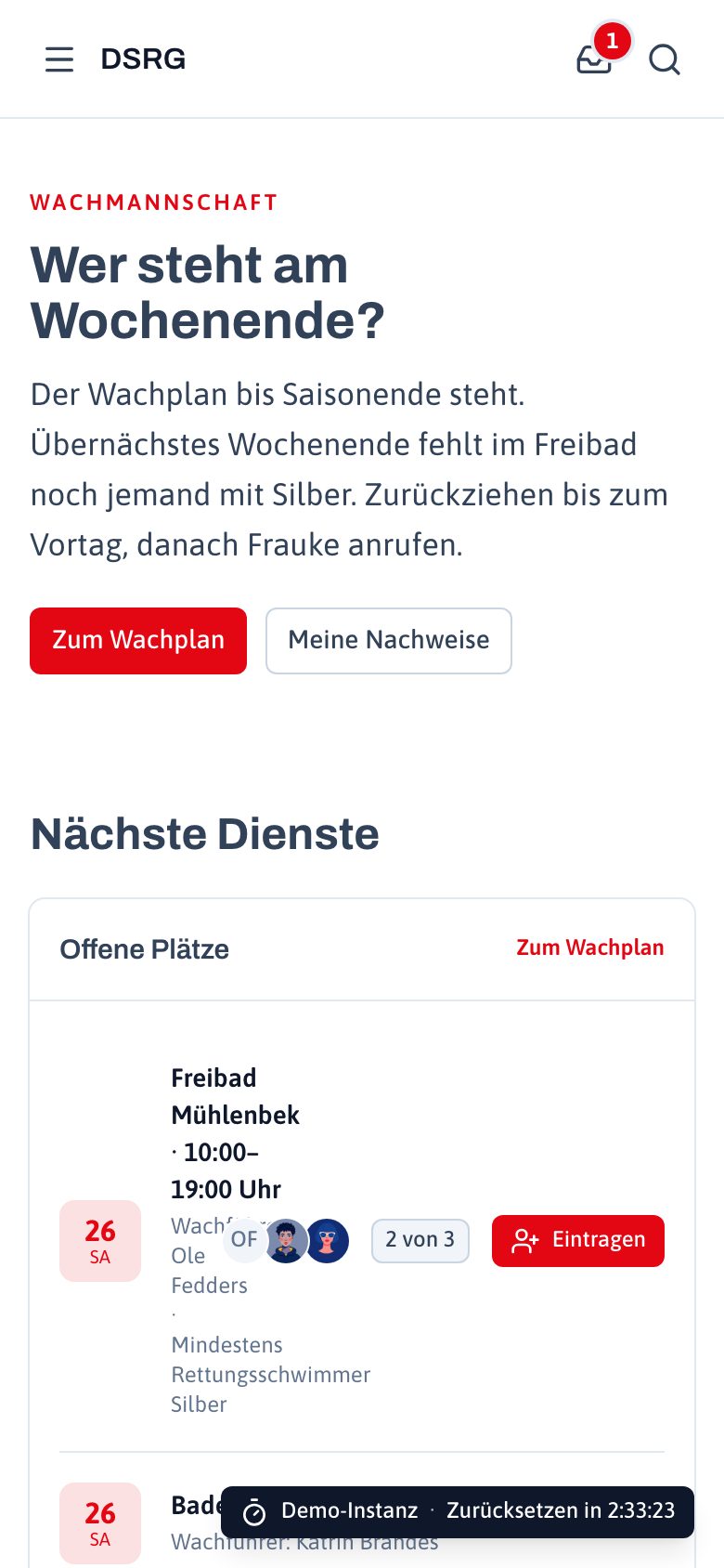 Startseite der Demo DSRG auf dem Telefon