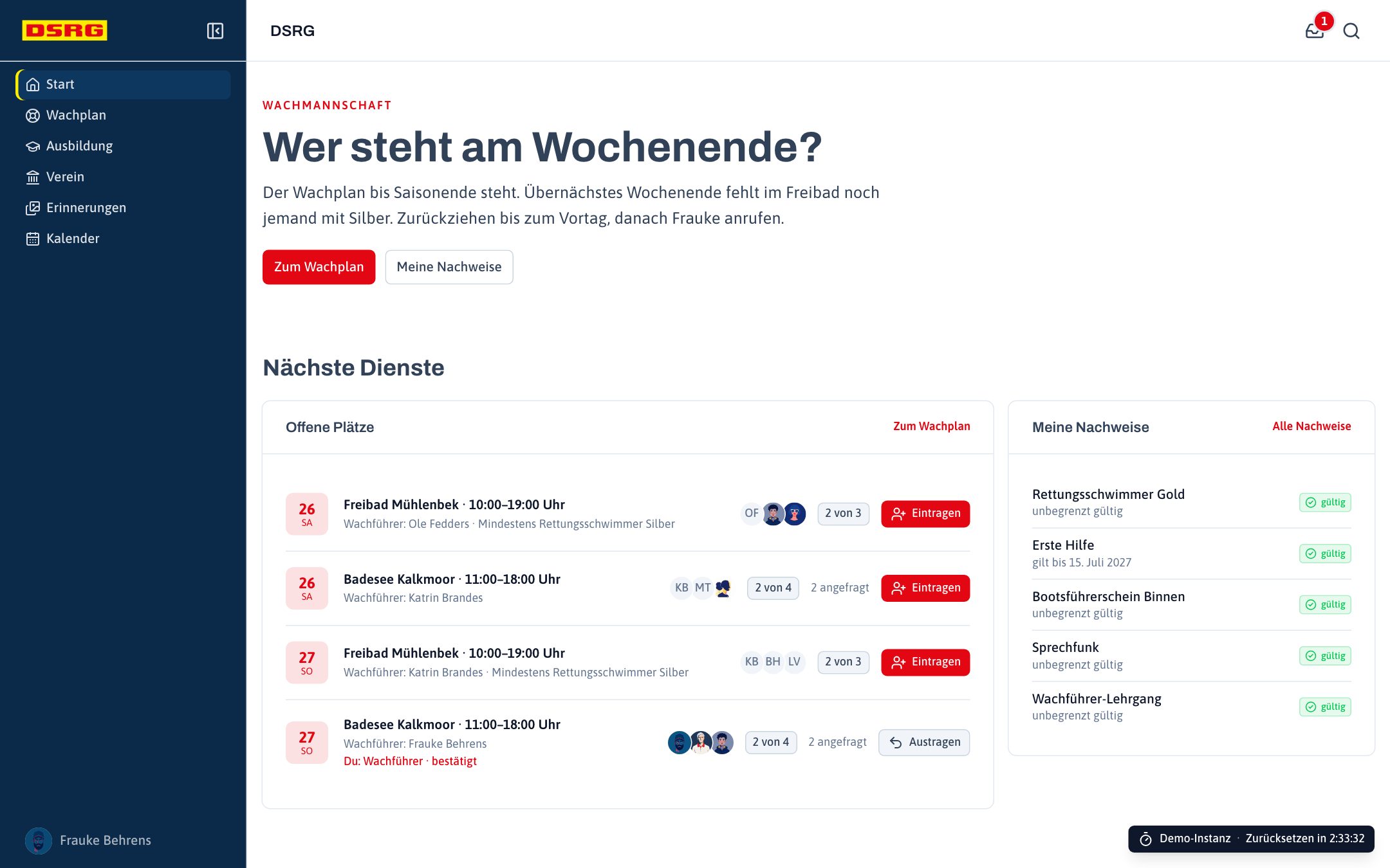 Startseite der Demo DSRG als angemeldetes Mitglied
