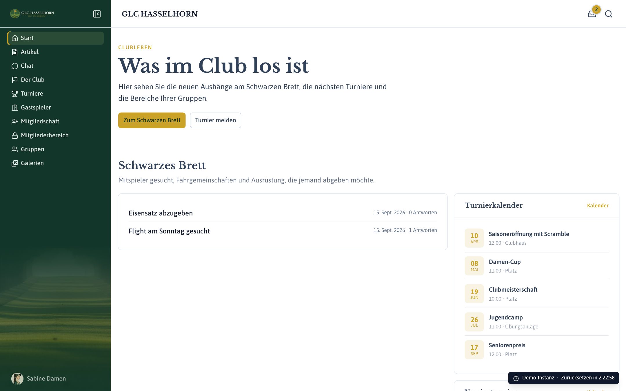 Startseite der Demo GLC HASSELHORN als angemeldetes Mitglied