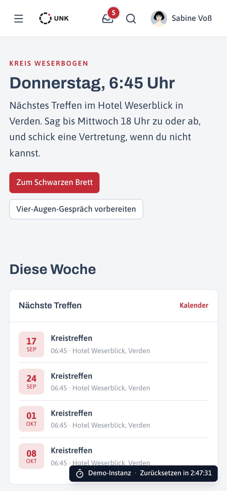 Startseite der Demo UNK auf dem Telefon
