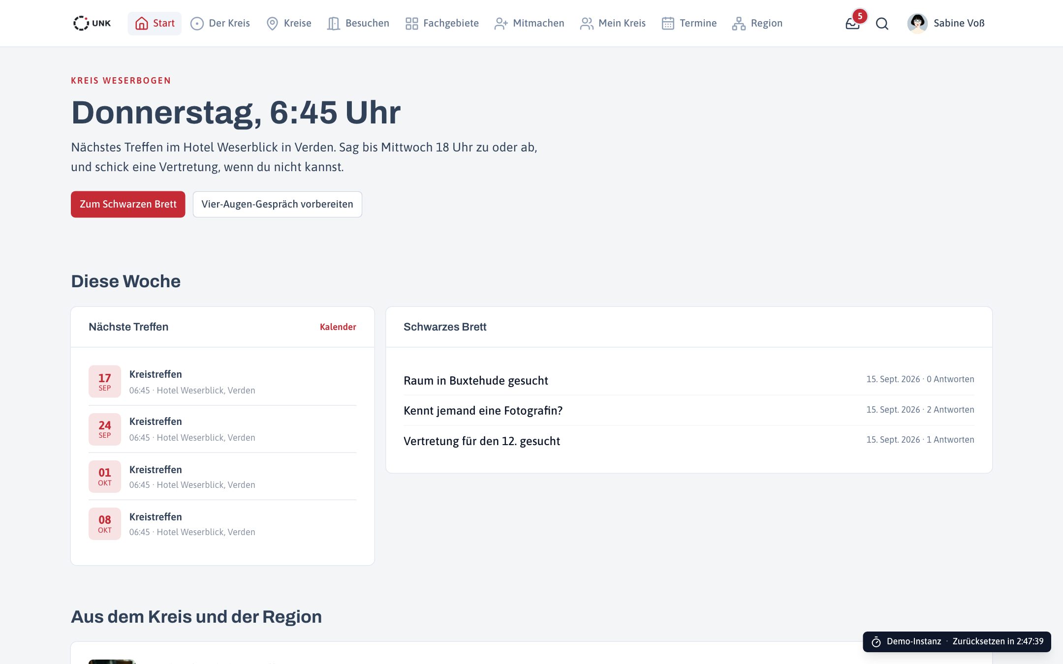 Startseite der Demo UNK als angemeldetes Mitglied