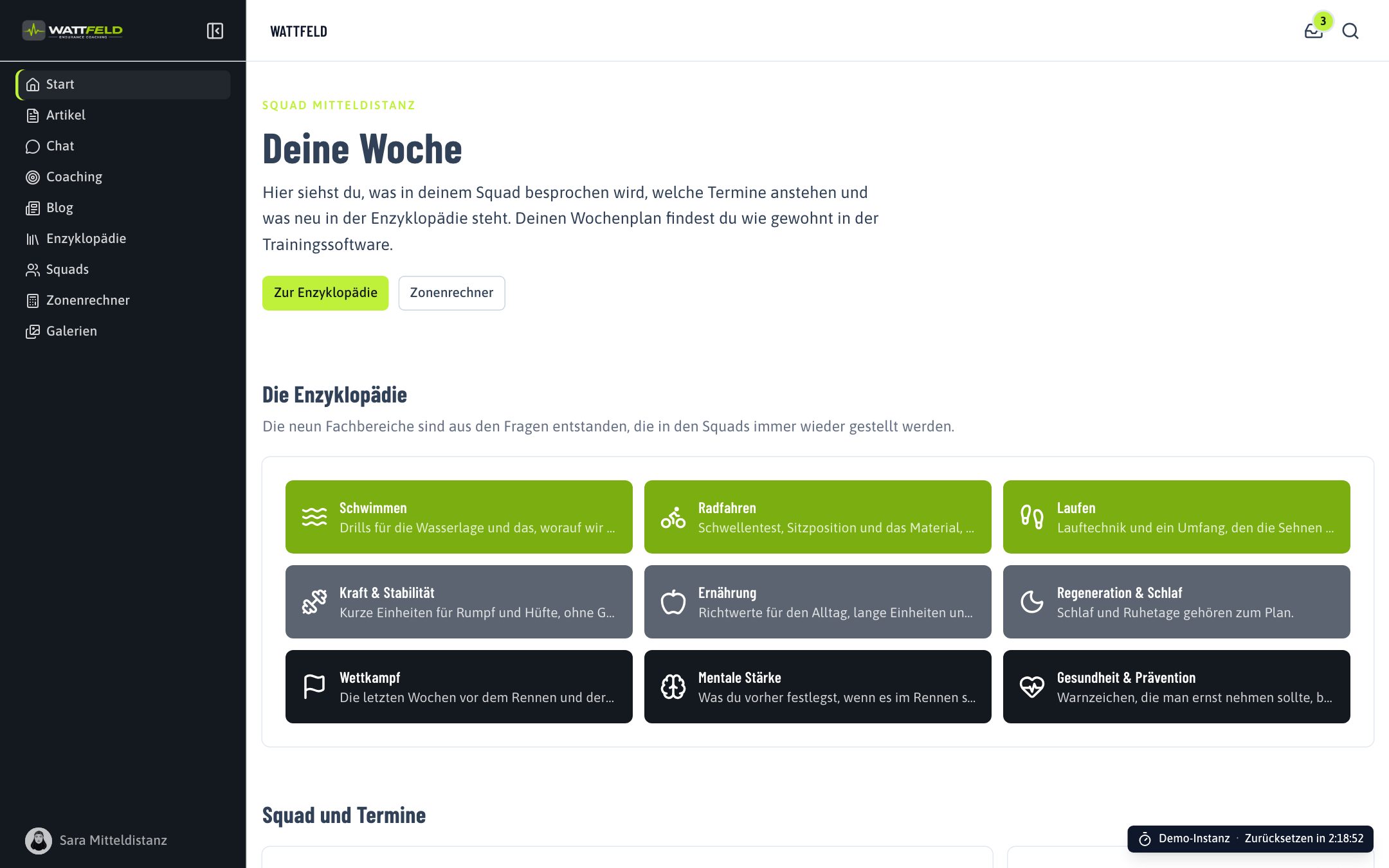 Startseite der Demo WATTFELD als angemeldetes Mitglied